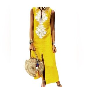 Soft Surroundings Daydream Embroidered Linen Blend Maxi Dress Pockets Ye…